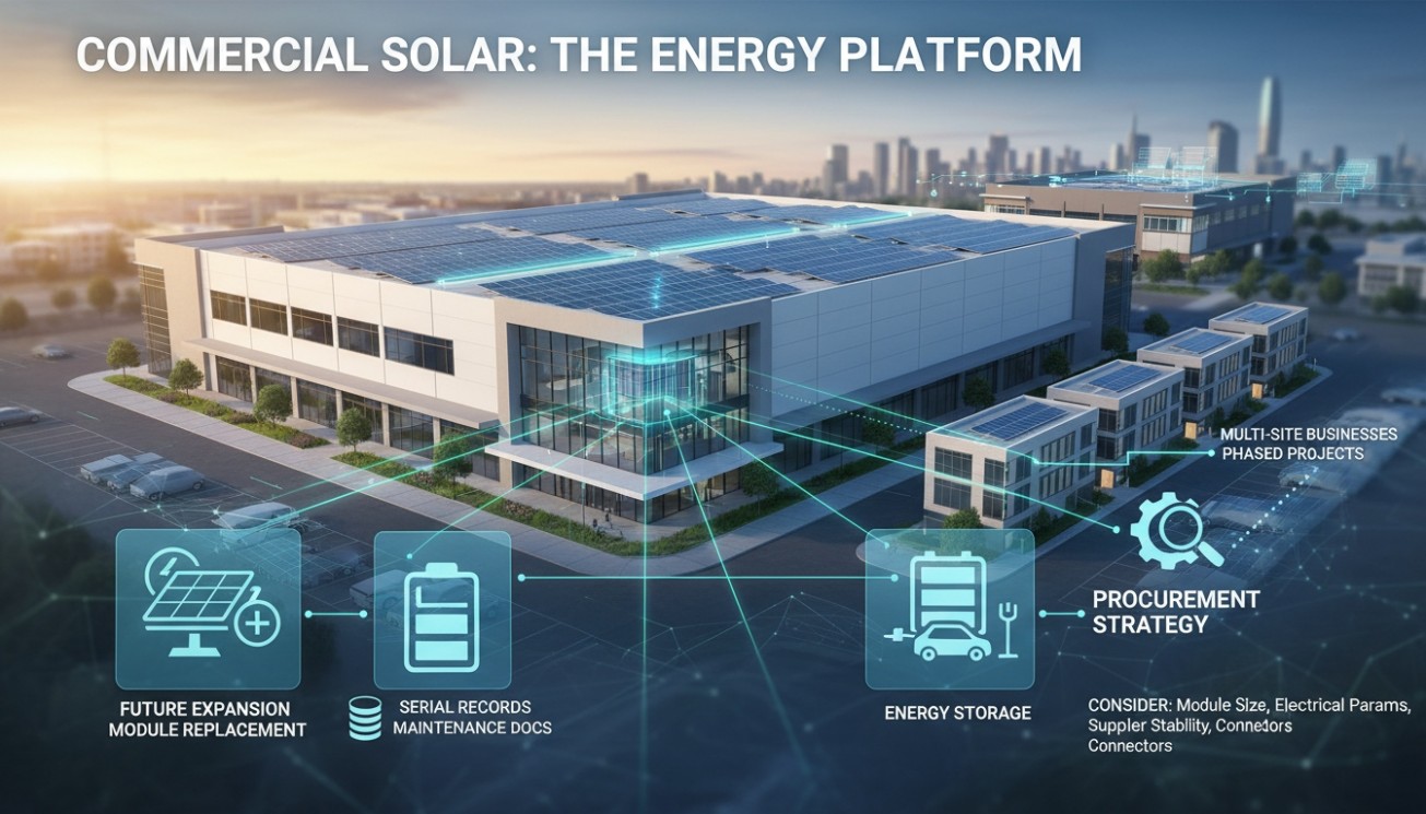 Commercial solar energy platform showing procurement strategy future module replacement energy storage and phased project planning